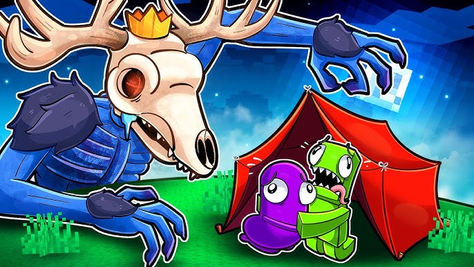 A collage of gameplay scenes from 99 Nights in the Forest, showing crafting, the monster, and the forest environment.